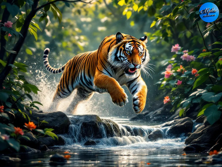 Alpha Printing & Design Wall Art – Tiger Jumping in Water in Jungle with Black Picture Frame | Wildlife Canvas Print | Modern Home & Office Décor