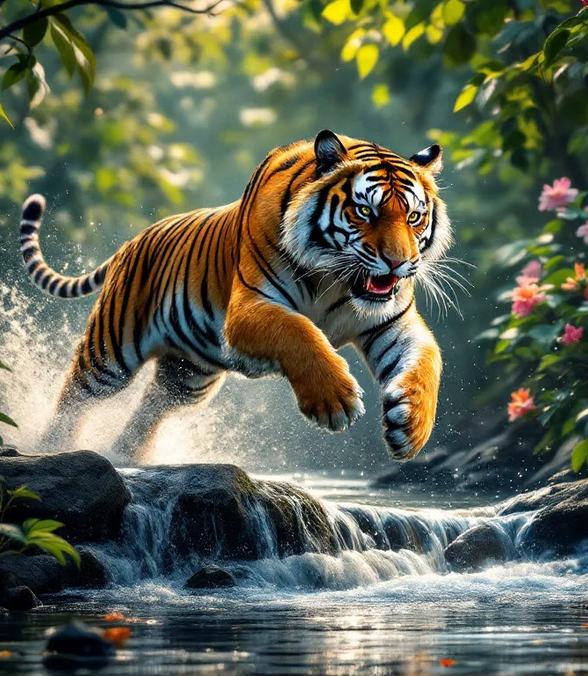 Alpha Printing & Design Wall Art – Tiger Jumping in Water in Jungle with Black Picture Frame | Wildlife Canvas Print | Modern Home & Office Décor