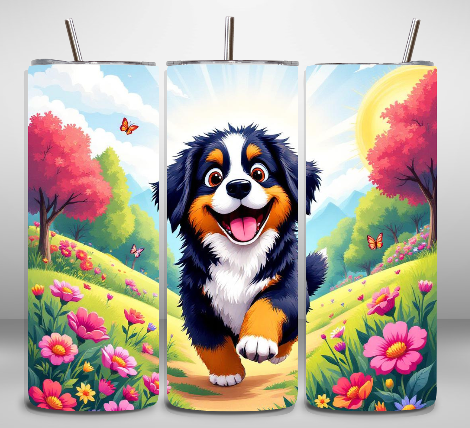 Alpha Printing 20oz Stainless-Steel Tumblers-Rottweiler Running Flowers Design