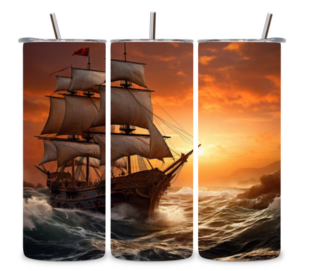 Alpha Printing 20oz Stainless-Steel Tumblers-Old Sailing Ship At Sunset Design