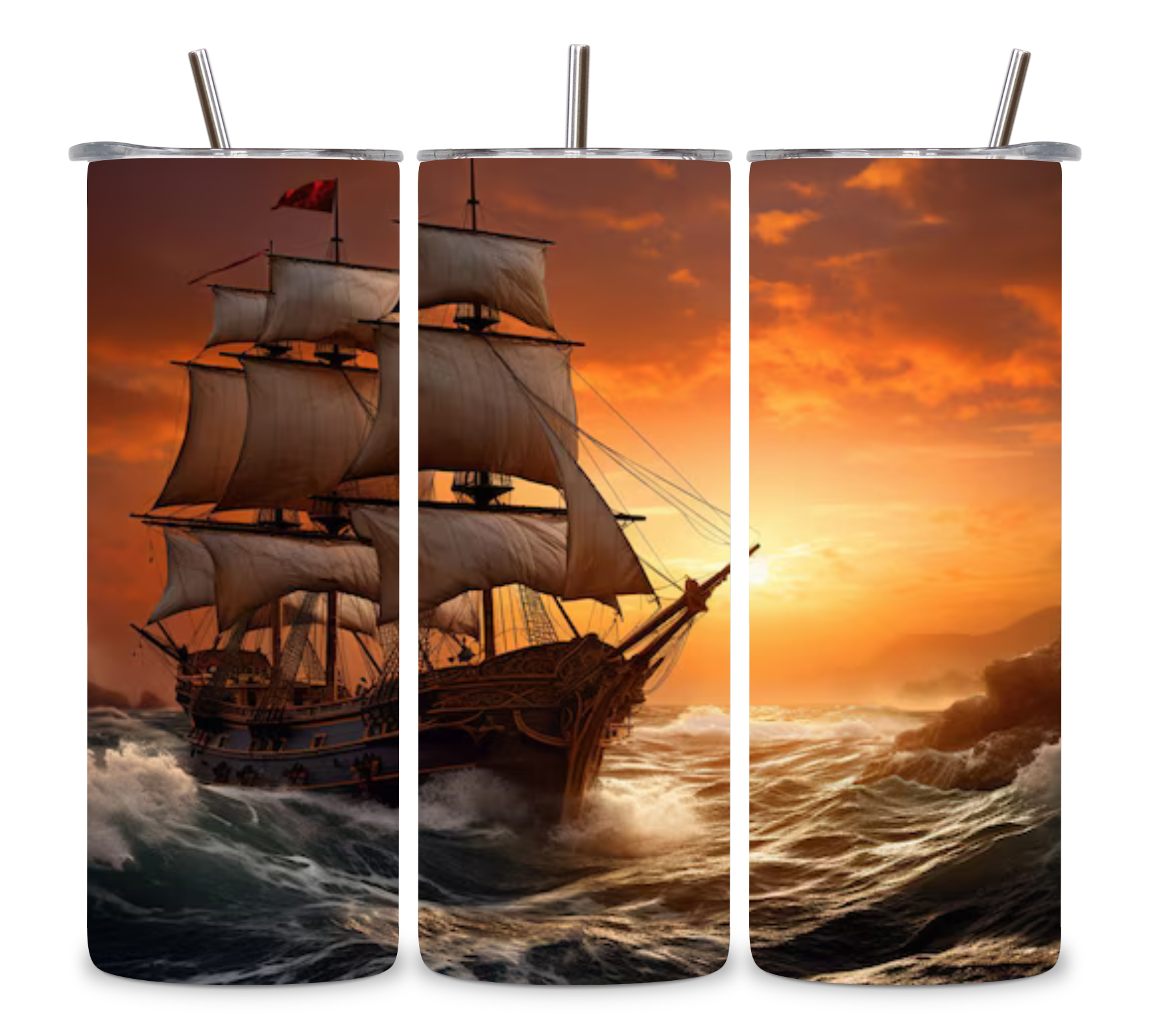 Alpha Printing 20oz Stainless-Steel Tumblers-Old Sailing Ship At Sunset Design