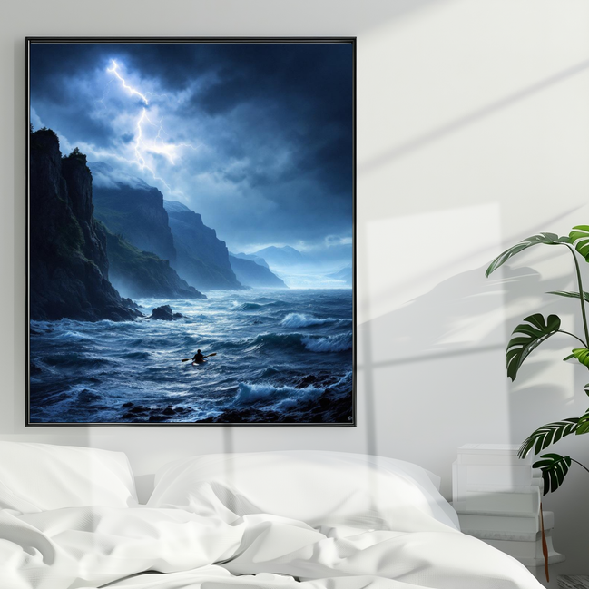 Alpha Printing Wall Art – Beach with Storm and Lightning – Ocean Landscape Print on Premium Canvas – Moody Coastal Scene for Living Room, Bedroom, or Office Décor – Multiple Sizes Available