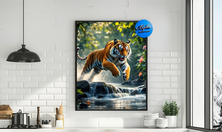 Alpha Printing & Design Wall Art – Tiger Jumping in Water in Jungle with Black Picture Frame | Wildlife Canvas Print | Modern Home & Office Décor