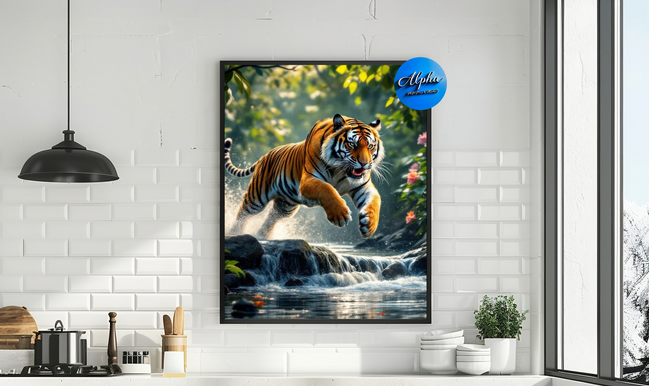 Alpha Printing & Design Wall Art – Tiger Jumping in Water in Jungle with Black Picture Frame | Wildlife Canvas Print | Modern Home & Office Décor
