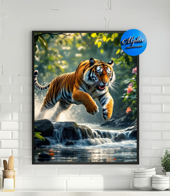 Alpha Printing & Design Wall Art – Tiger Jumping in Water in Jungle with Black Picture Frame | Wildlife Canvas Print | Modern Home & Office Décor