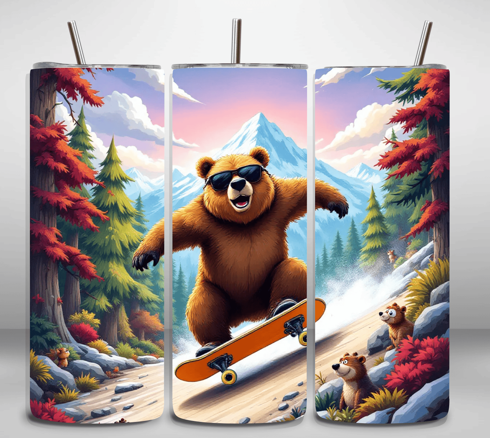 Alpha Printing 20oz Stainless-Steel Tumblers-Cartoon Bear Skateboard Design Tumblers In Drinkware Default Title Stay