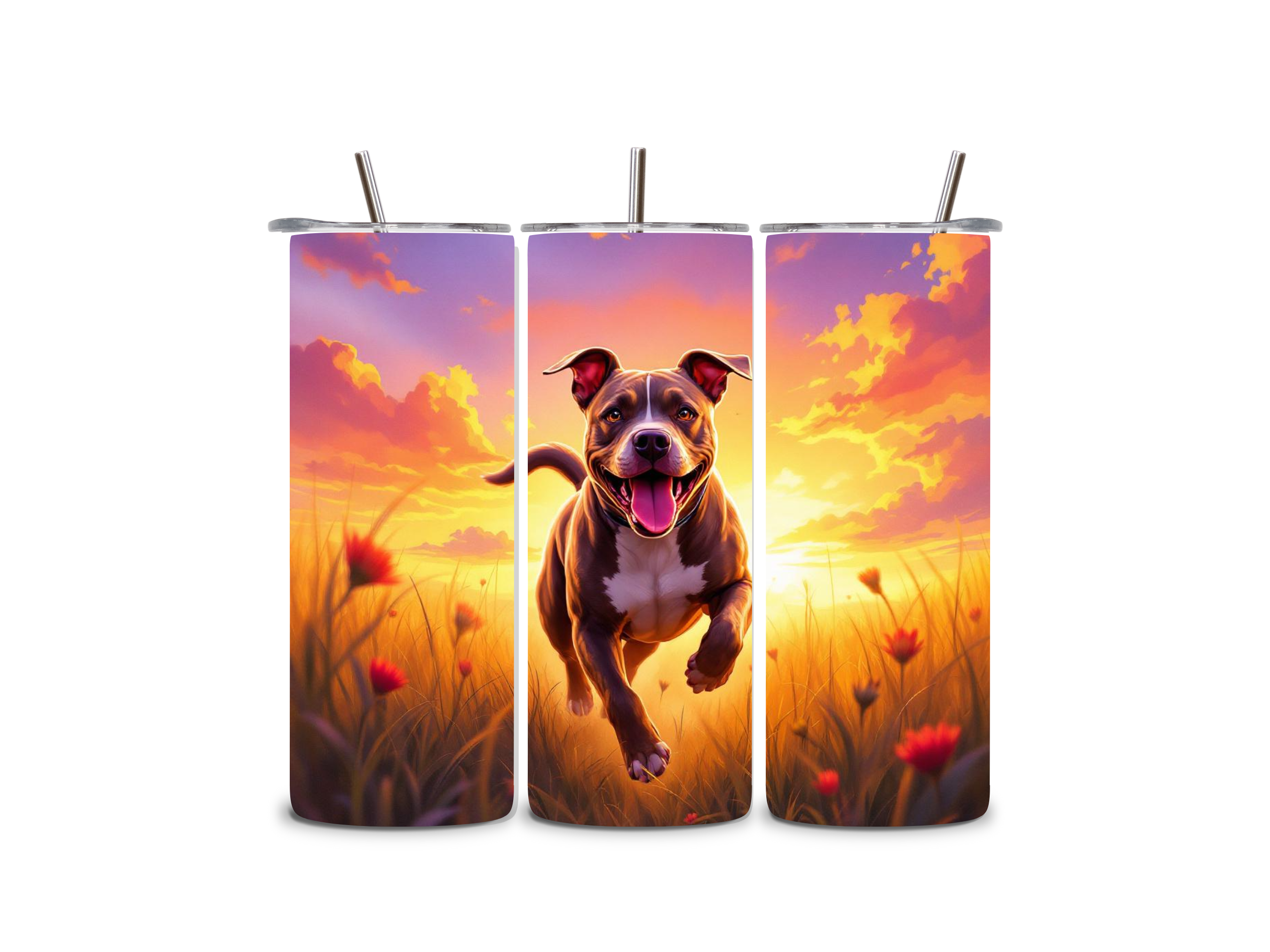 Alpha Printing 20oz Stainless-Steel Tumblers-Pitbull Dog Running Sunset Design