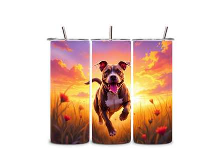 Alpha Printing 20oz Stainless-Steel Tumblers-Pitbull Dog Running Sunset Design